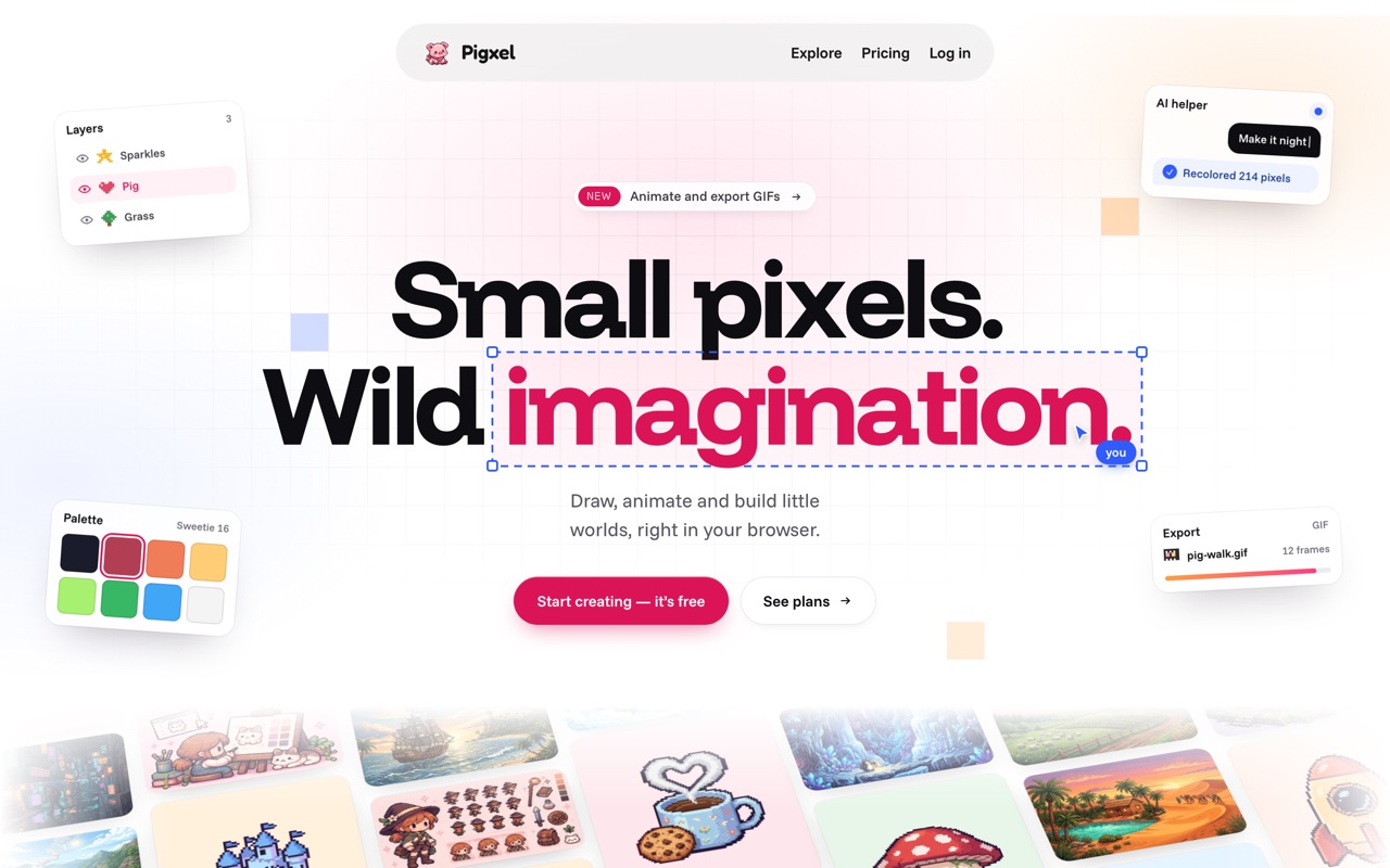 The Pigxel Studio landing page: the headline Small pixels. Wild imagination. with floating editor panels.